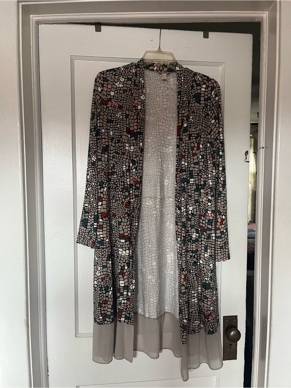 LOGO by Lori Goldstein Mosaic Print Longline Cardigan - Teal, Rust, Cream